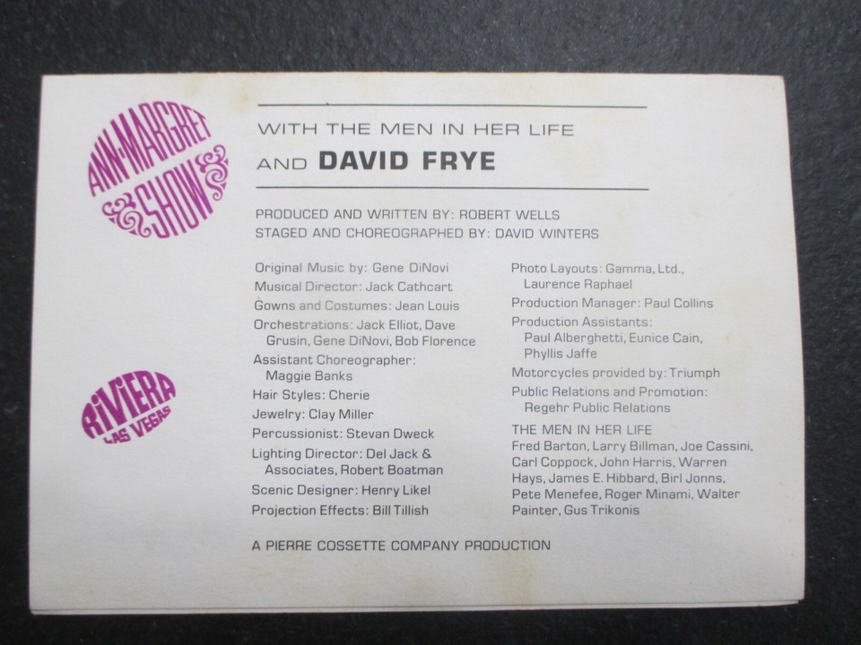1967 ANN-MARGRET LIVE SHOW PROGRAM/PLACARD RIVIERA CASINO LAS VEGAS ...