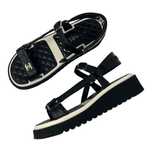 Chanel Black White Quilted Leather CC Logo Dad Sandals EU 42 RARE - 第 1/10 張圖片