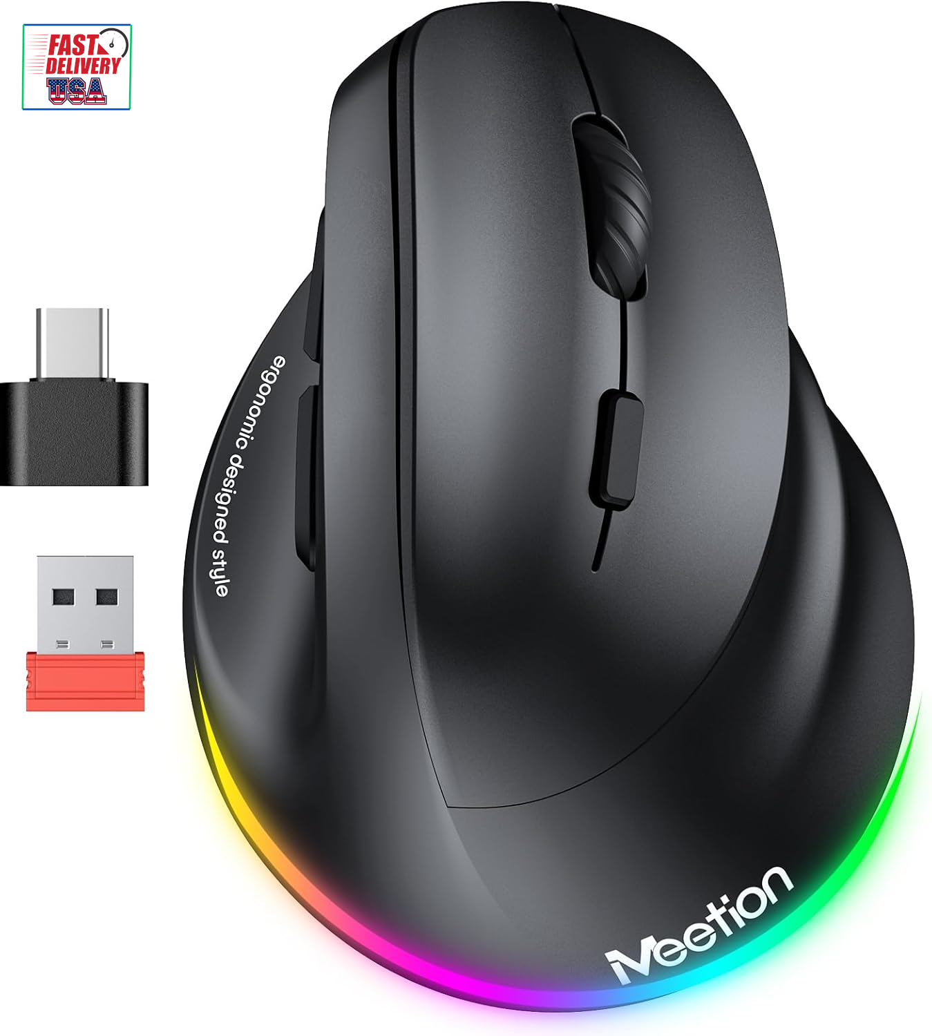 Ergonomic Wireless Vertical RGB Backlit Rechargeable Mouse for Bluetooth Comfort and Style