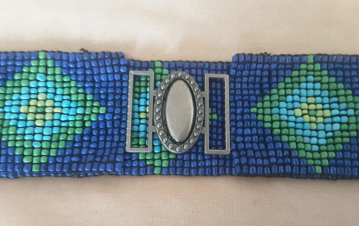 Vintage Black leather Blue glass Seed Bead southwestern festival belt size 29 Adrienne Keene | ᎠᏥᎾ/Cedar (2025) Beaded gorget. Size 11  main image 4