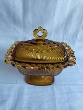 Vintage FTDA 1981 Lace Edge Amber Indiana Glass Pedestal Covered Candy Dish