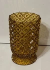 Vintage Amber Glass 7.5” Vase in a Diamond Hobnail Pattern-Sawtooth Rim 6.5” H