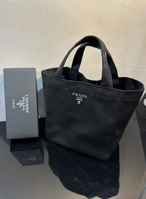 2025 Prada Black Soft Canvas Cosmetics Bag Beauty Handle Tote VIP