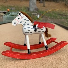 Vintage Wood Rocking Horse Christmas Ornament White with Gray spots 4  Red