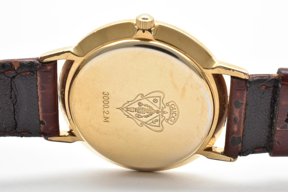 GUCCI 3000.2.M Vintage Men's Quartz Watch Gold Dial Brown Belt