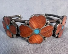 Sterling Silver Turquoise & Coral Floral Cuff Bracelet