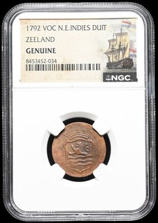DUTCH EAST INDIES. 1792 Colonial VOC Copper Duit NGC Genuine