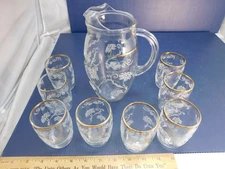 Vintage Juice pitcher and 8 glasses set, Etched Grape vine, Gold trim, Bartlett?