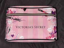 Victoria's Secret Graffiti Makeup Cosmetic Train Case Bag Pink Stripe Black Bag