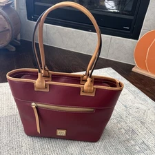 Dooney & Bourke Quincey Zip Tote Tan Top Handle With Red Leather W Reg Card NWOT