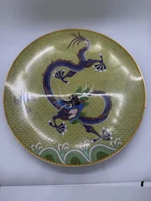 Antique 10″ Fengshui Dragon Cloisonne enamel Green Plate