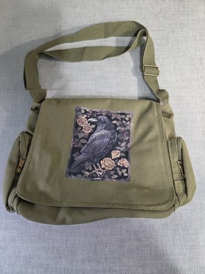 Canvas Shoulder Bag Crossbody Messenger Laptop Bag Green W/Raven 12x10 