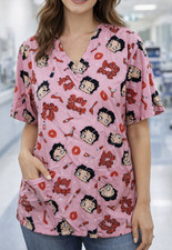 Betty Boop Scrub Top V-Neck Women's XL NWT Colorful Pink Lips Lipstick Pocket