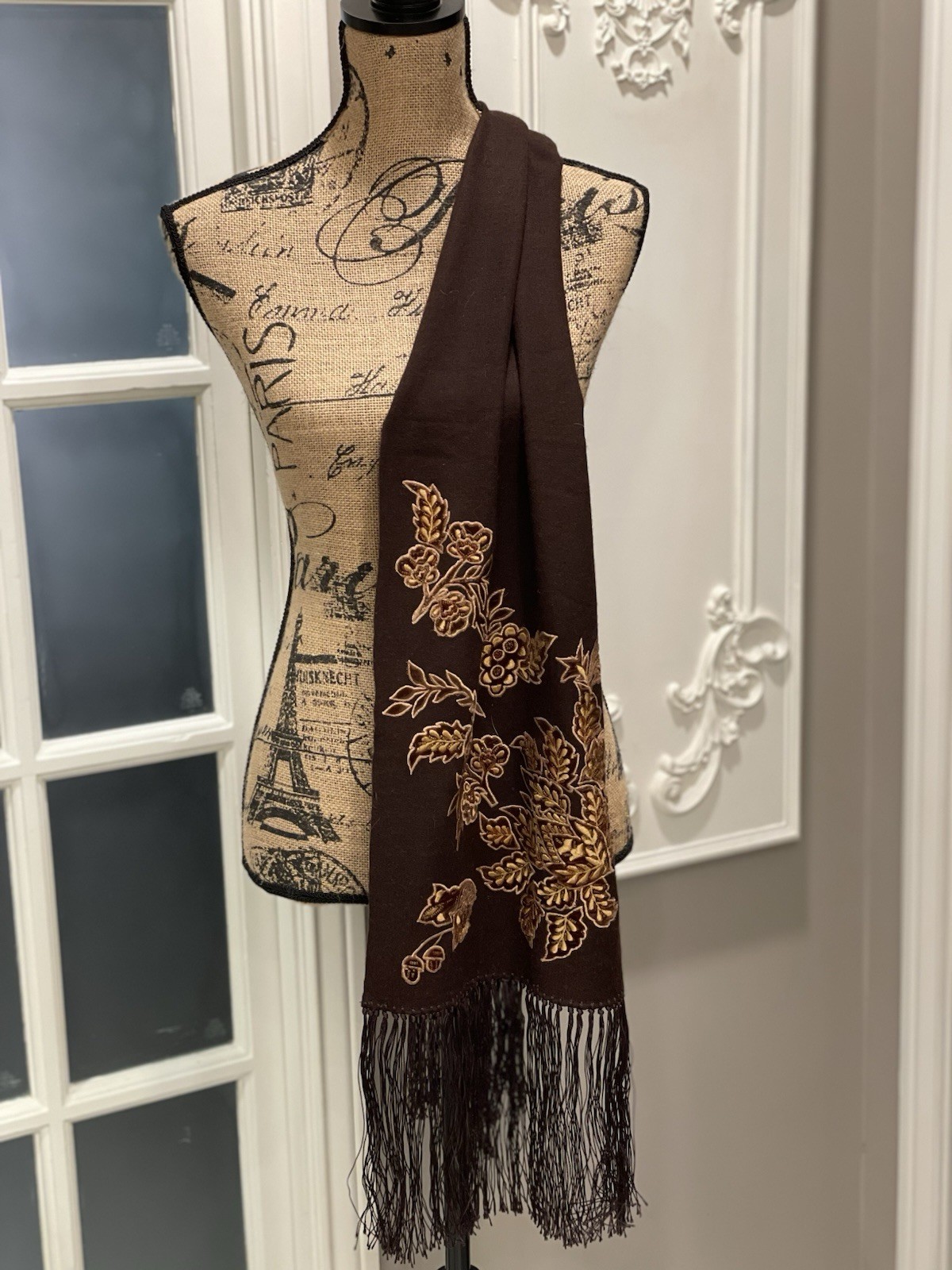 Luxury Burberry Chocolate Silk Cashmere Shawl with Embroidery image 2