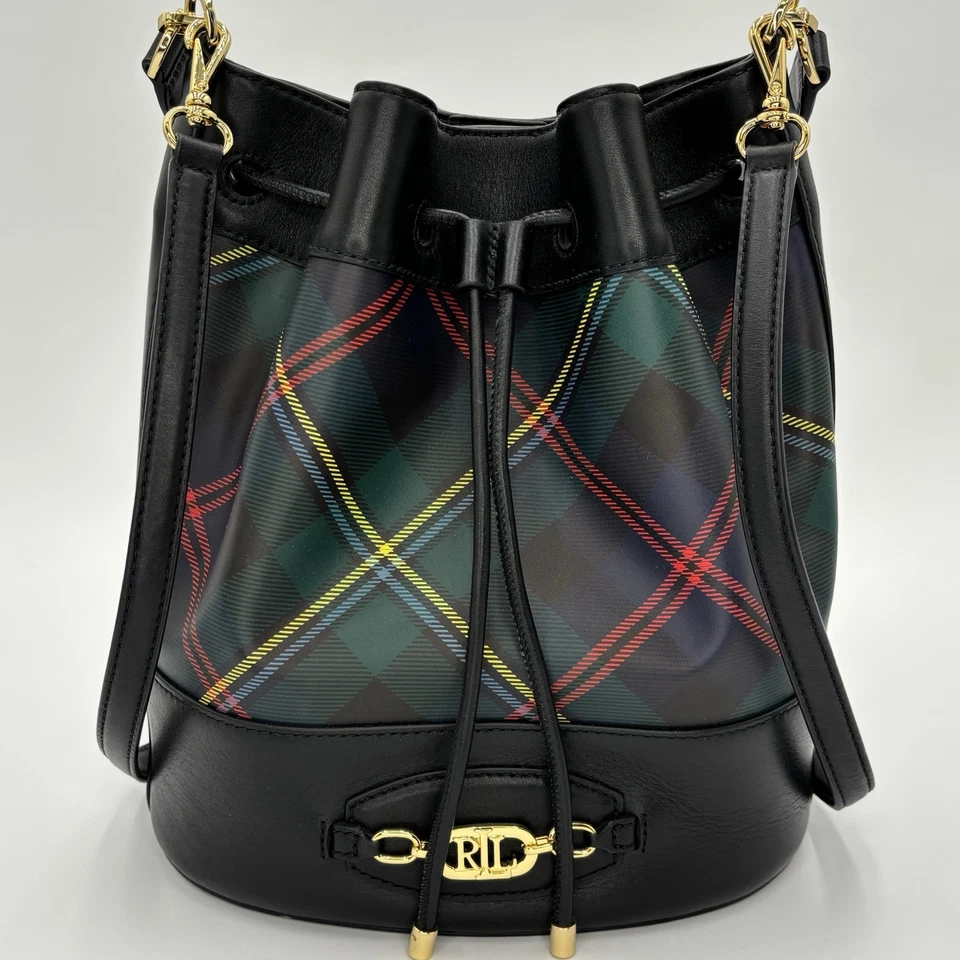 Ralph Lauren Andie Drawstring Bucket Bag Purse & KeyRing Wallet Black Plaid LRL - Image 3 of 4