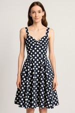 Navy Blue & White Size Medium Polka Dot Dress LINED Smocked Retro Pinup Swing