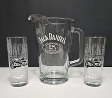 Set Of 3 Jack Daniel's Whiskey Barware Glass Pitcher & 2 Highball Glasses