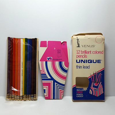 USA Made Vintage Pack 12 VENUS UNIQUE Thin Lead Color Pencils w/ Pencil Caddy