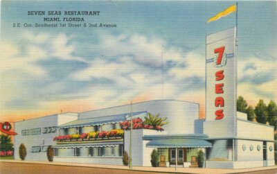 Colorpicture Delo Miami Florida Seven Seas Restaurant Postcard roadside 20-13824