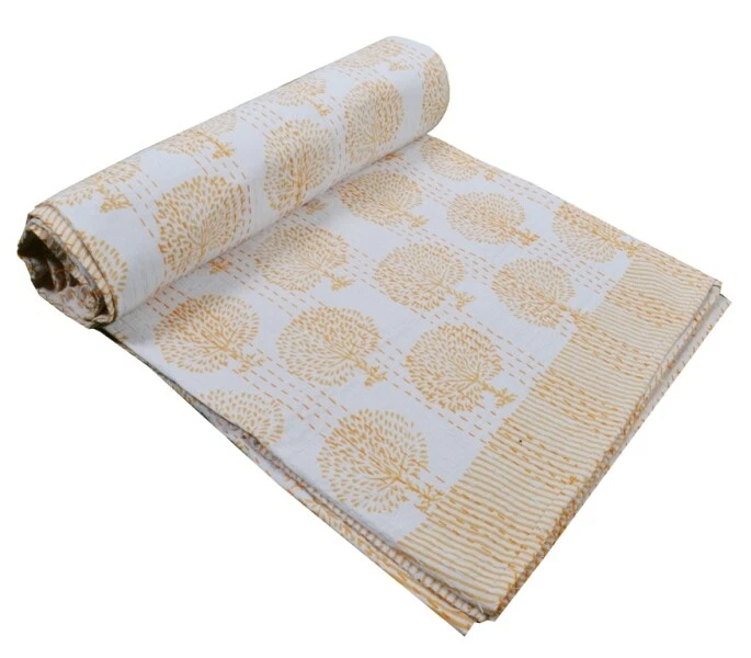 Tree Print Queen Kantha Handmade Cotton Quilt Bed Cover Throw Blanket Gudari - Image 3 of 4