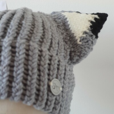 Light Grey Wolf Fox Cat Ears Hand Knitted Women's Winter Beanie