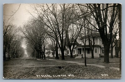 CLINTON WI STREET SCENE ANTIQUE REAL PHOTO POSTCARD RPPC w/ CORK CANCEL ...