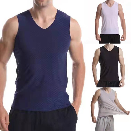 Canottiera canottiera uomo seta ghiaccio senza cuciture maglia gilet fresco maglietta slim sportiva - Foto 2 di 16