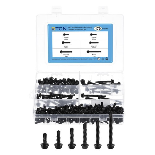 Hex Washer Head Self Drilling Screws Kit 410 Stainless Black #12 170 Pack
