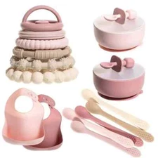Silicone Baby Essentials Bundle – Stacking Toy, Feeding Bibs, Suction Bowls..