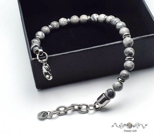6mm Grey Map Jasper Stone Yoga Energy Gemstone Stainless Steel Bead Bracelet 8-9 - Picture 3 of 7
