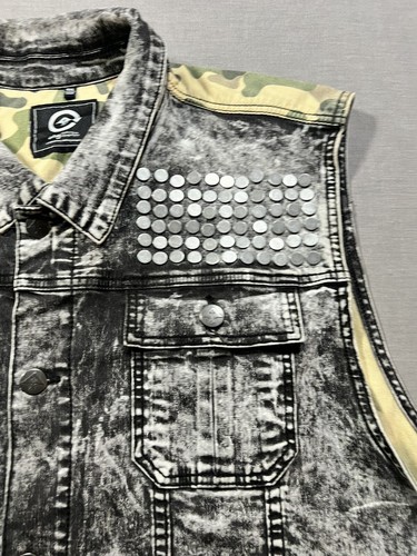 Vtg LRG Lifted Research Group Vest Mens 4XL Black Acid Wash Denim Camo Studded - Picture 4 of 11