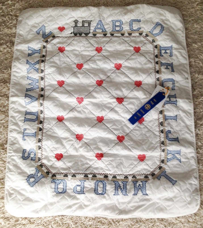 Handmade Train ABC Baby Boy Quilt & Hallmark Airplane Frame Blue White Red
