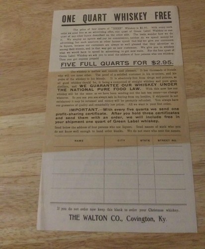 Special Order-Blank for Whiskey from The Walton Co. Covington KY