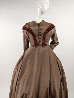 VICTORIAN 1860'S CIVIL WAR ERA PINSTRIPED BROWN DRESS W VICTORIAN 1860'S CIVIL WAR ERA PINSTRIPED BROWN DRESS W