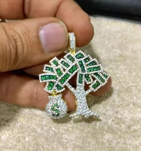 2.30Ct Round Cut Lab Created Emerald Money Tree Pendant 14K Yellow Gold Plated