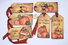 6~Primitive~Fall~Autumn~Gather Harvest~Linen Cardstock~Gift~Hang~Tags