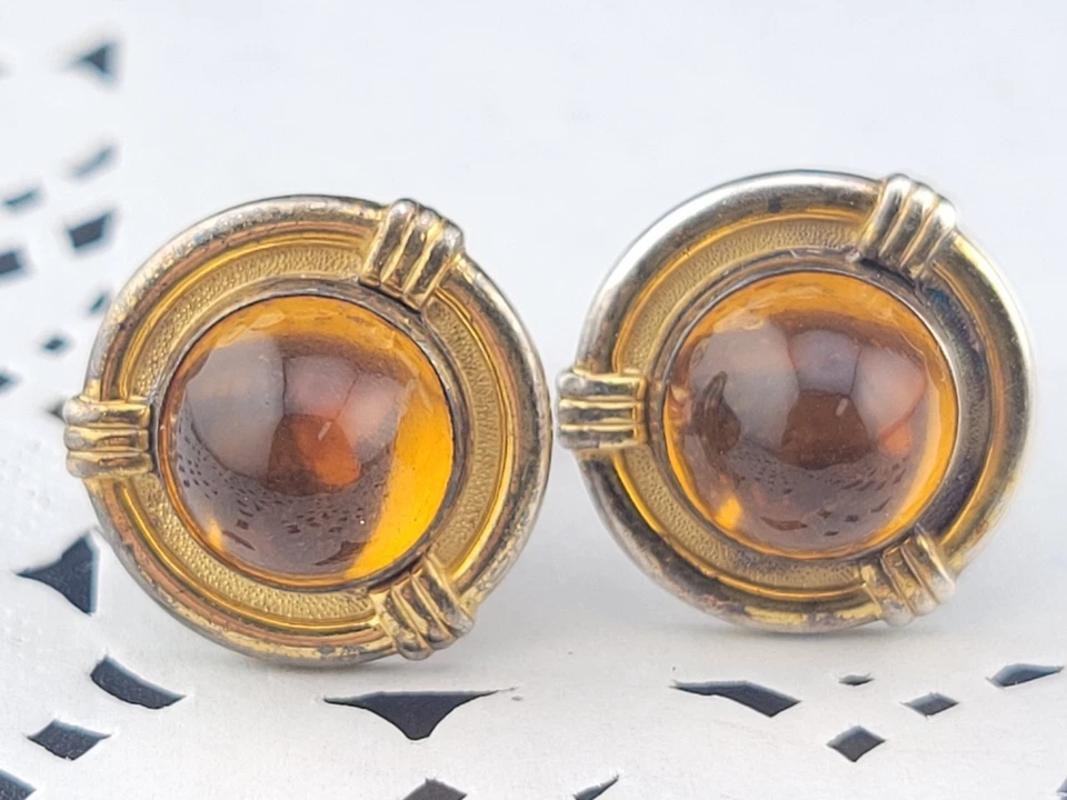 Gemelos firmados Hickok Art Deco ámbar amarillo vidrio cabujón plata y oro placa Foto 2 de 4
