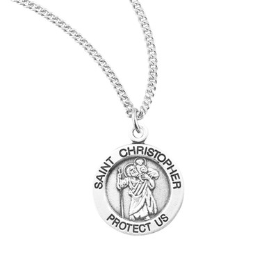Patron Saint Christopher Round Sterling Silver Medal Pendant Necklace, 18'' Chain