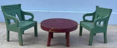 3 Pieces Primitive Handmade Old Dry Paint Doll Furniture- 2 Chairs & Round Table