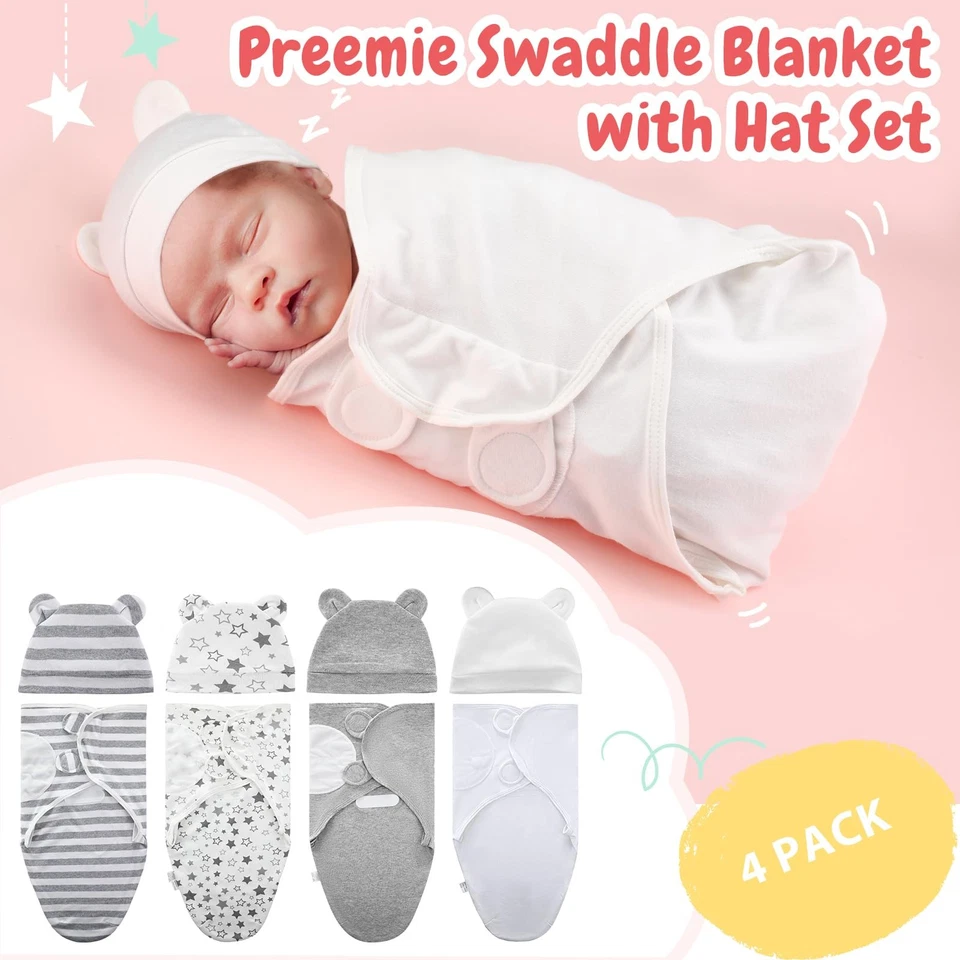 Paquete de 4 mantas envolventes prematuras con sombrero para bebés niños niñas 3-7 libras... Foto 4 de 4