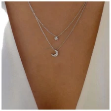 Boho Moon Star Crescent Necklace, Silver, Women's Choker, Adjustable, 2 Stone, V