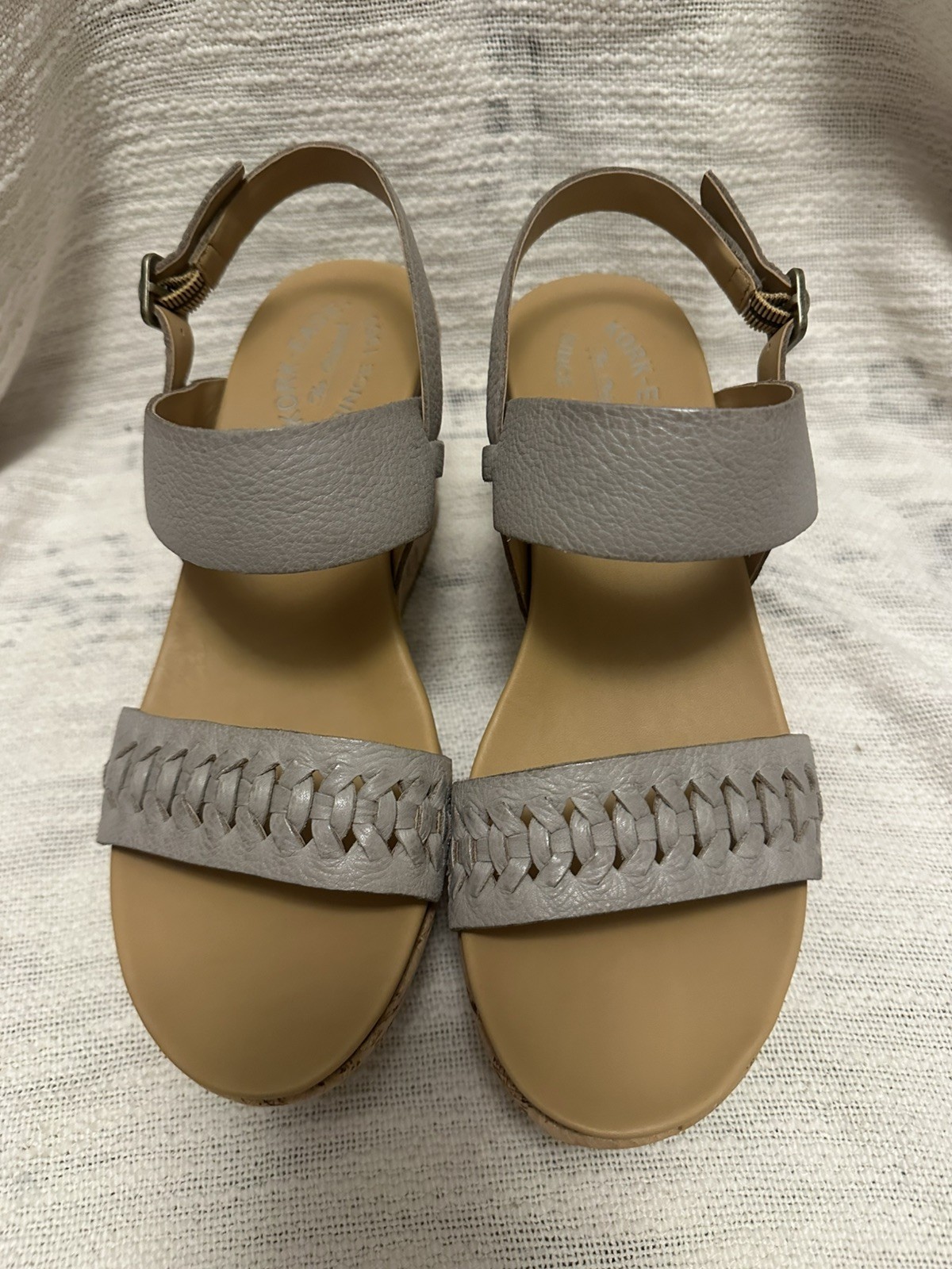 Kork-Ease Women's Wedge Sandals Gray Eggshell Austin Braid Leather Cork Size 8
