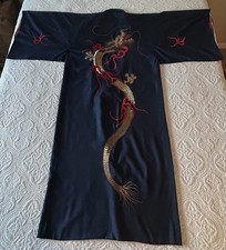 Vintage 100 Silk Kimono Robe Japan Dragons Metallic Embroidery Dark Blue