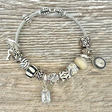 DaVinci Charm Cuff Bracelet  Silver Tone Unsigned Heart Flowers White Rhinestone