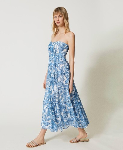 Twinset 2024 Abito Midi Georgette "Granada Sky" Blu Stampa Palma XL Nuovo Con Etichette