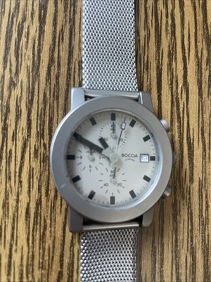 Vintage Rare Boccia Titanium Watch Silver on Silver Mesh Clasp Band Black Hands