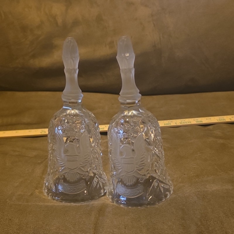 Pair of Etched Clear Glass Decorative Bells with Eagle Design, 7 Inch