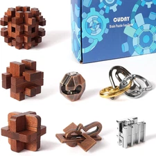 7 Pieces Cool Unlock Interlock Brain Teaser Puzzles Retro Wooden and Metal Puzzl