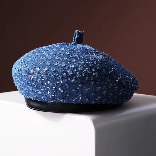 Lady Classic Sequin Denim Beret Hat PU Leather Brim Painter Brimless Cap Vintage - Picture 3 of 10