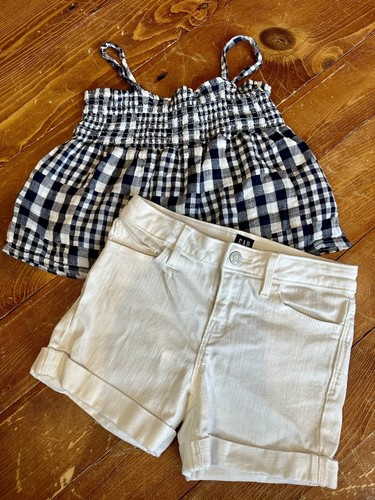 Girls Gap & Old Navy Outfit Size 7 - Navy/white Plaid Shirt & White Denim Shorts